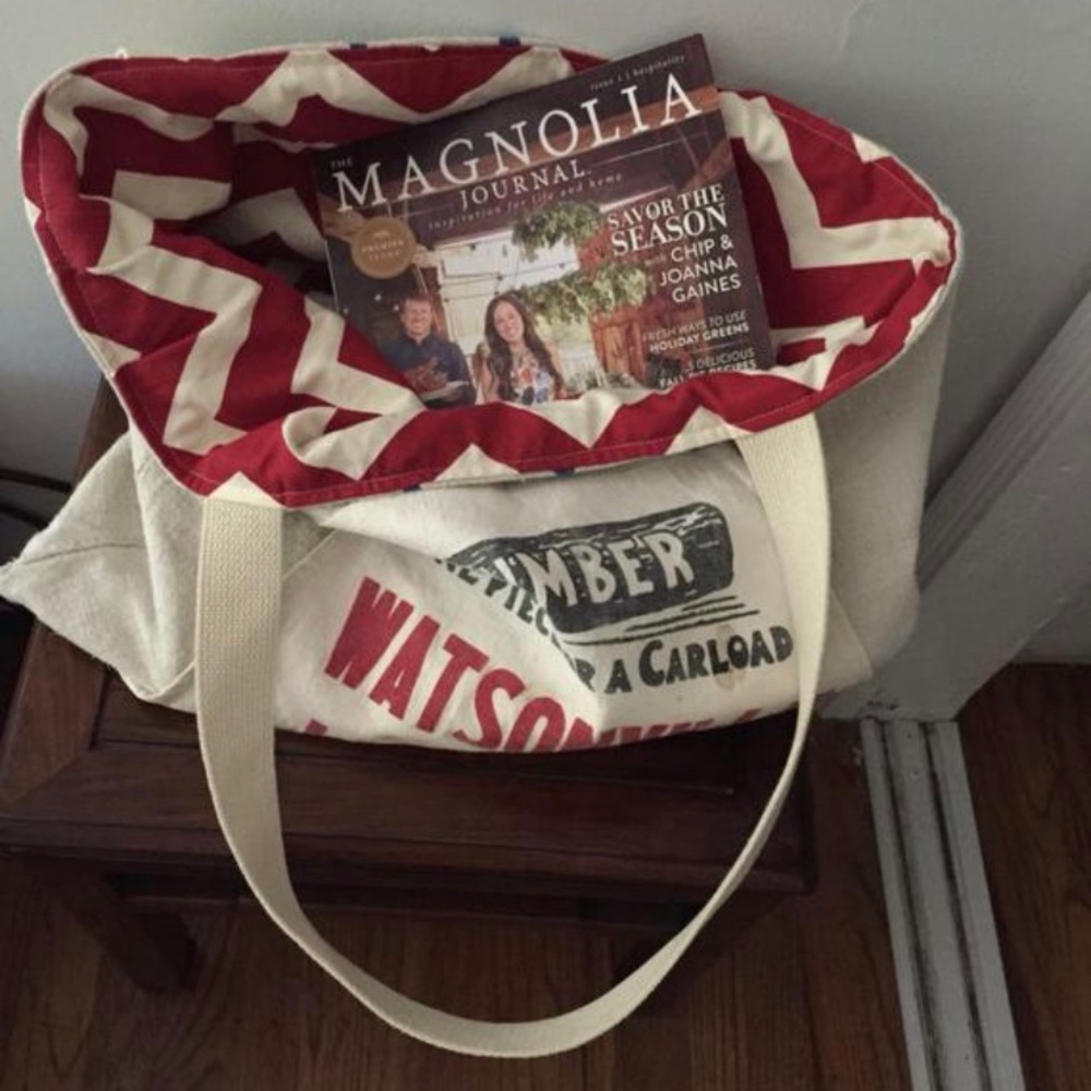 Red & White Handmade Market Tote in Vintage Fabric